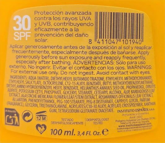 Protector Solar Aloe Vera SPF 30+ – Spanish Institute (100 ml, tamaño viaje)
