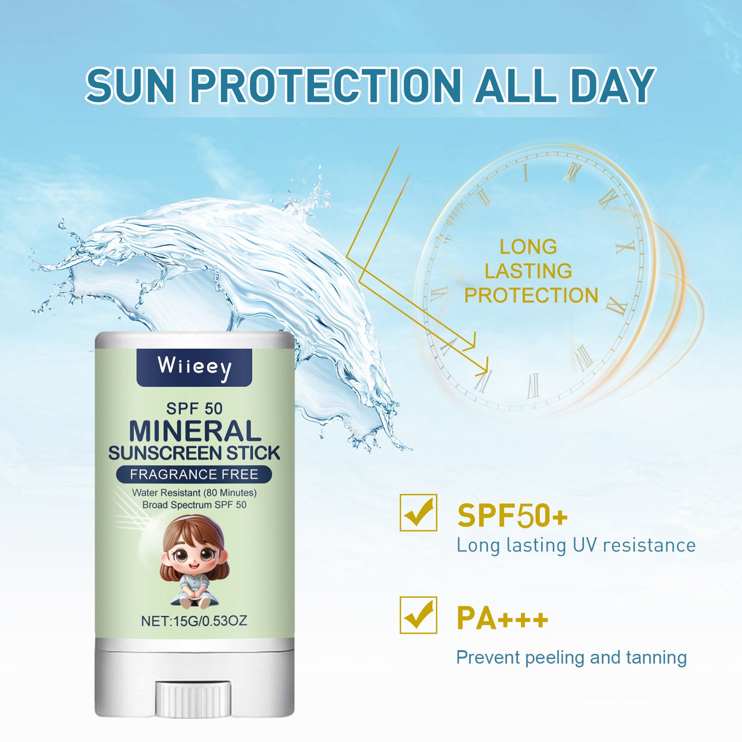 Protector Solar en Stick para Actividades al Aire Libre – SPF50+ PA++++ – Hidratante, Control de Aceite, Resistente al Agua y al Sudor – Apto para Niños y Adultos