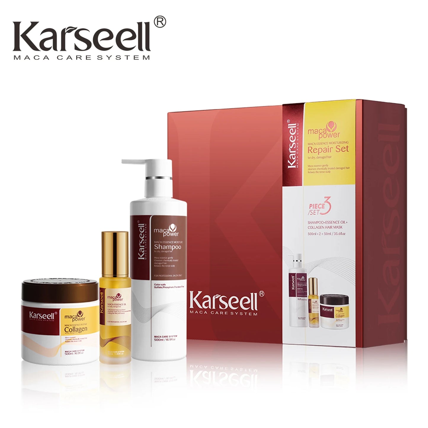 Set Capilar Karseell 3 en 1 – Mascarilla de Colágeno, Aceite de Argán y Champú Hidratante